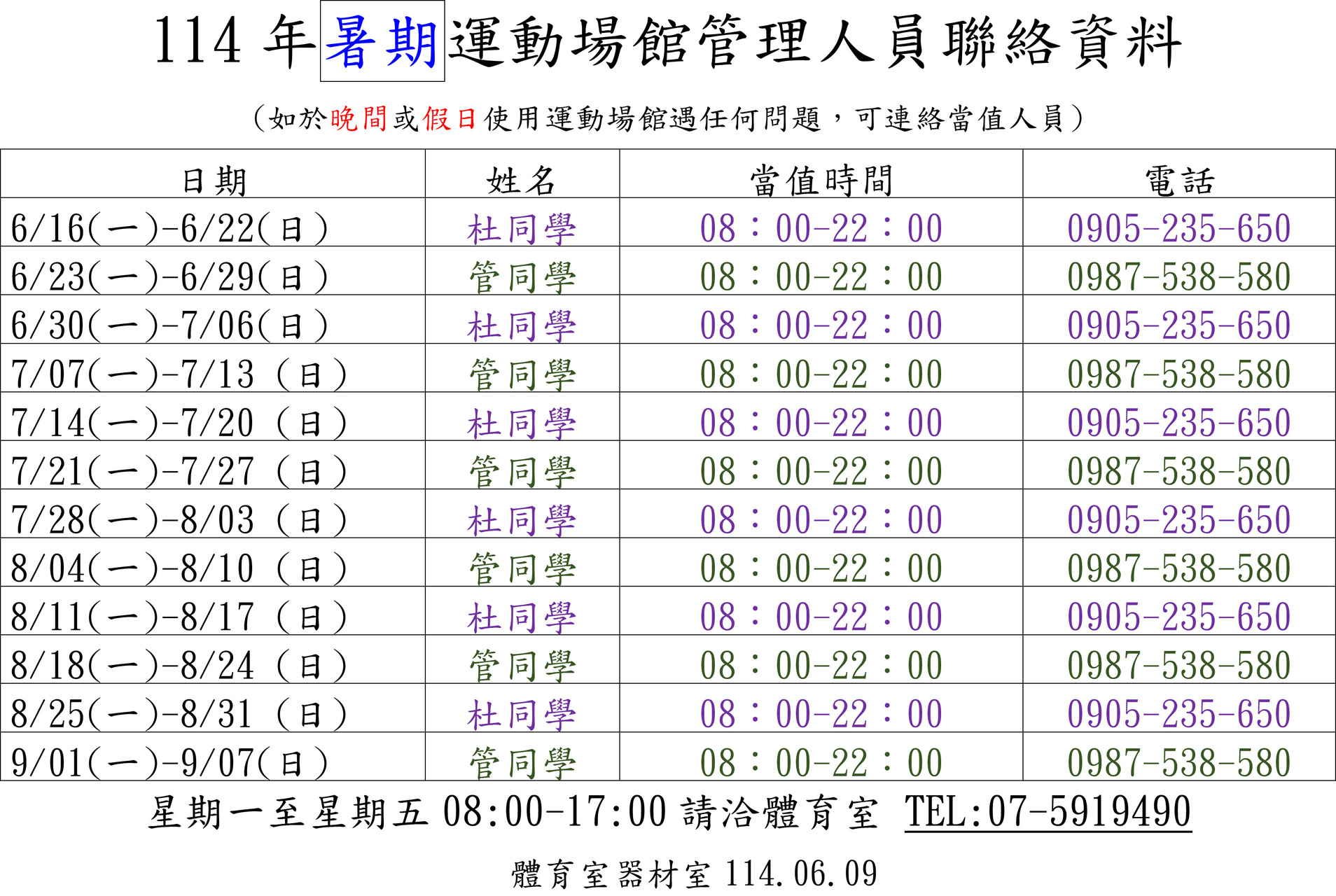 【場館公告】114學年暑假運動場館管理人員聯絡資料圖片